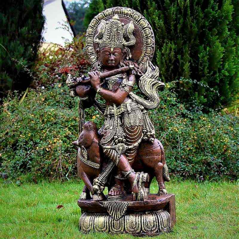 Stenskulptur Gyllene Krishna med Flöjt