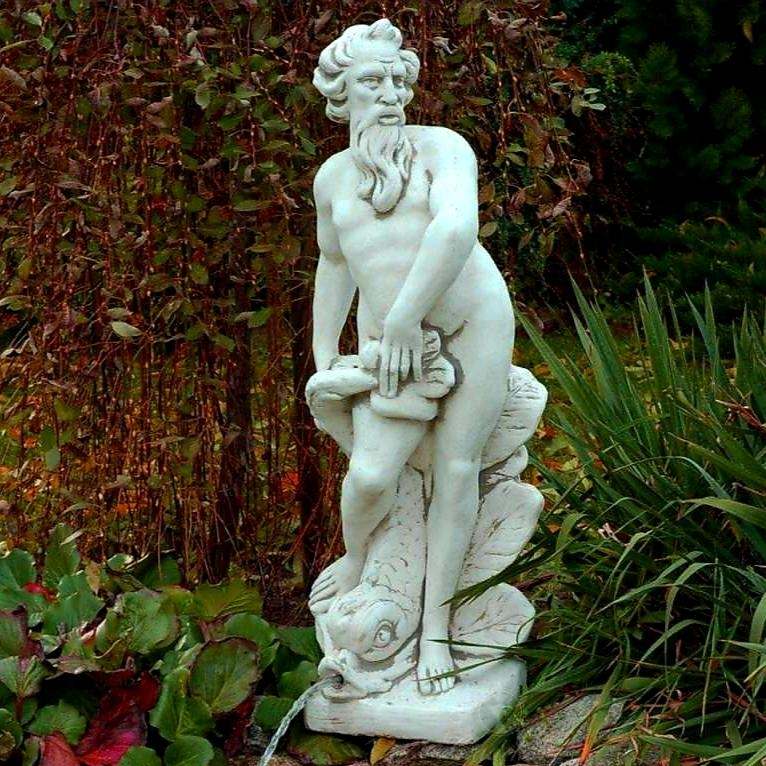Överflödande Stenskulptur Neptun Stor med Fisk